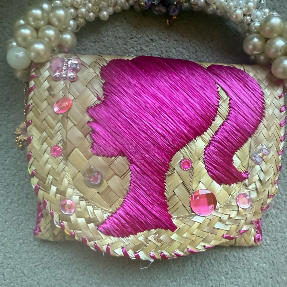 Pink and Tan Woven Handbag with Pearl Handle - Picture 3 of 5